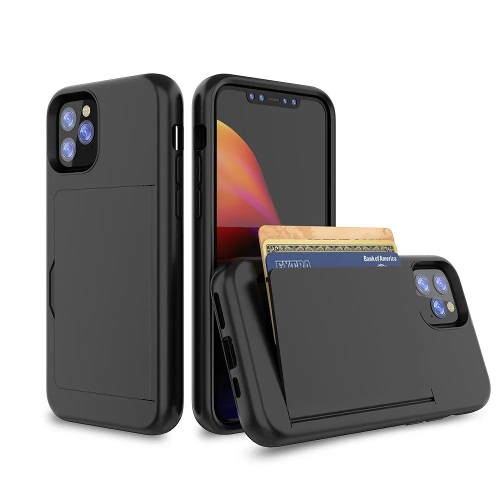 Solid colour iPhone case with hard back and flexible sides for iPhone 11, 11 Pro, and 11 Pro Max in black, blue, red, and purple.