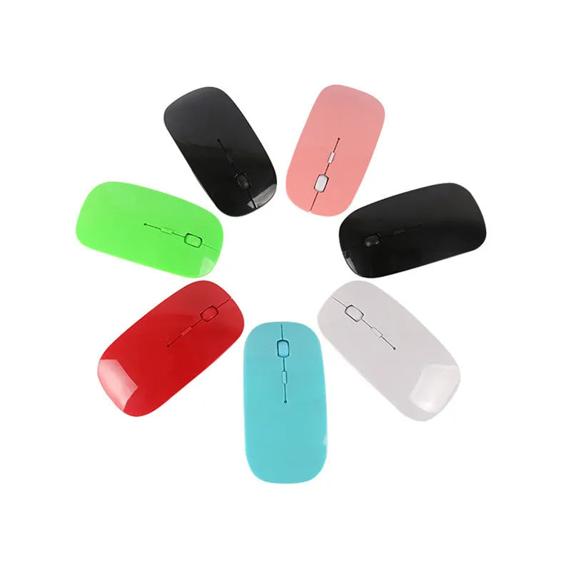 Ultra-thin wireless computer mouse shown in multiple colour options: black, blue, green, pink, red, and white.