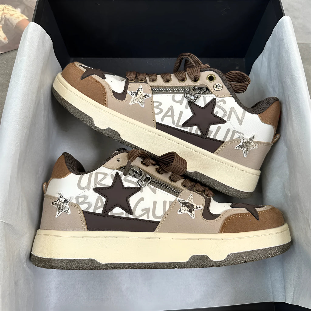 Brown low-top sneakers with candy-colour pattern, artificial PU upper, and rubber sole