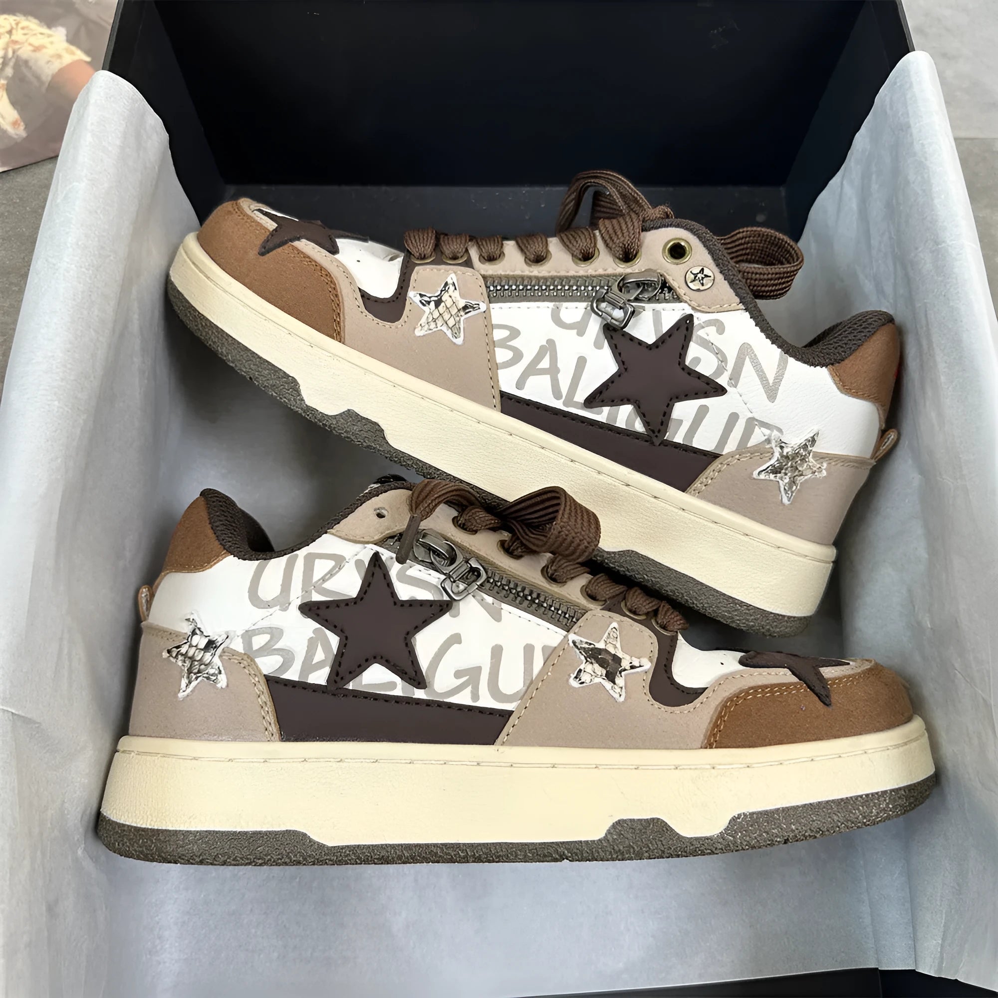Brown low-top sneakers with candy-colour pattern, artificial PU upper, and rubber sole