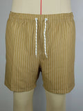 Men's striped polyester shorts in light blue, shown on a beach.