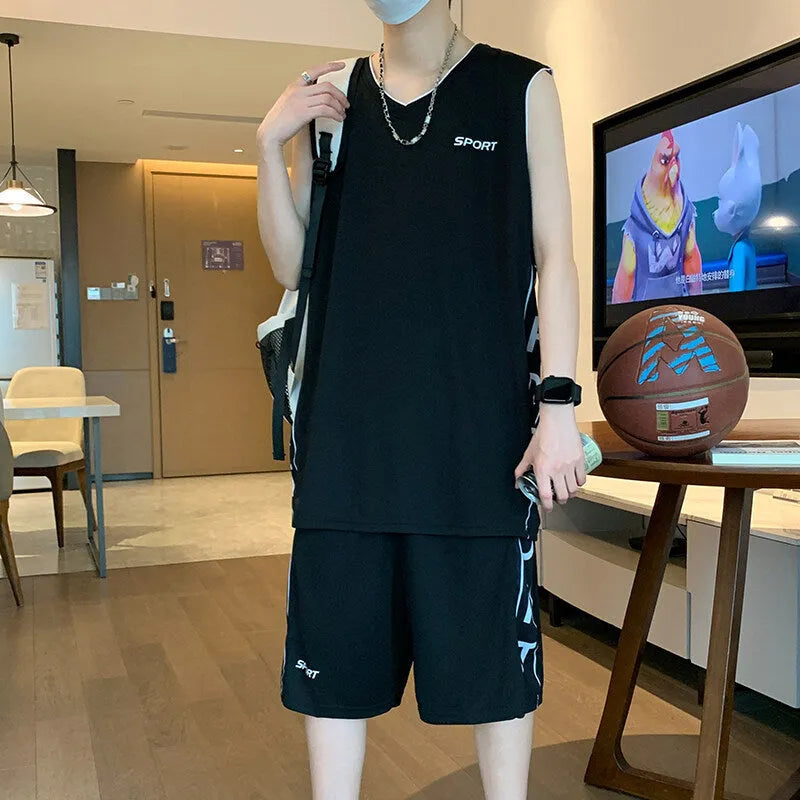 Men's basketball sports suit set showing sleeveless vest and matching shorts in polyester fabric