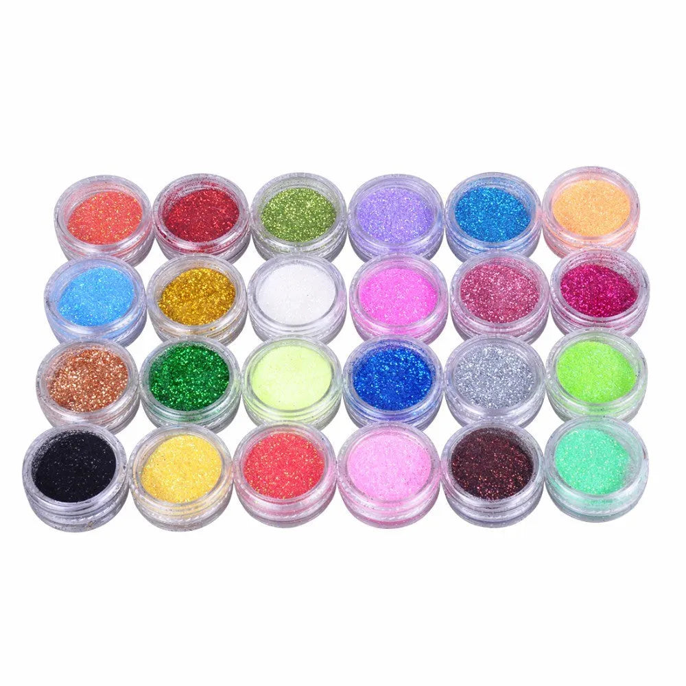 24 colour 3D nail art glitter decoration set in compact case with 128.5g total weight