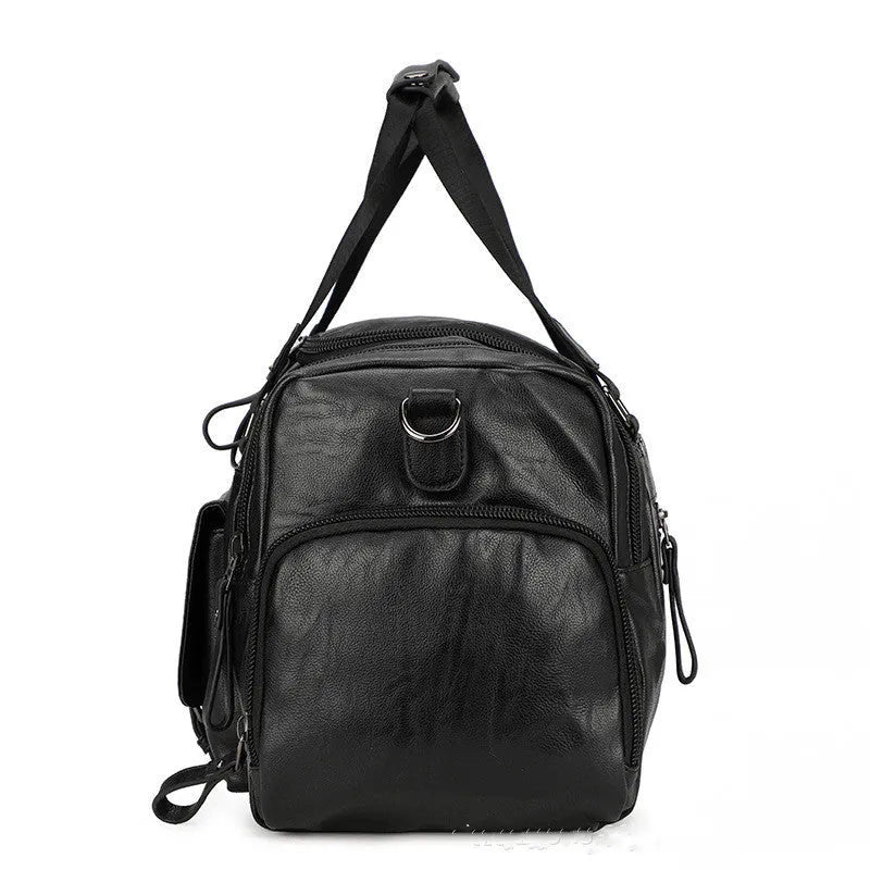 Black travel bag with separate shoe compartment, waterproof PU fabric exterior