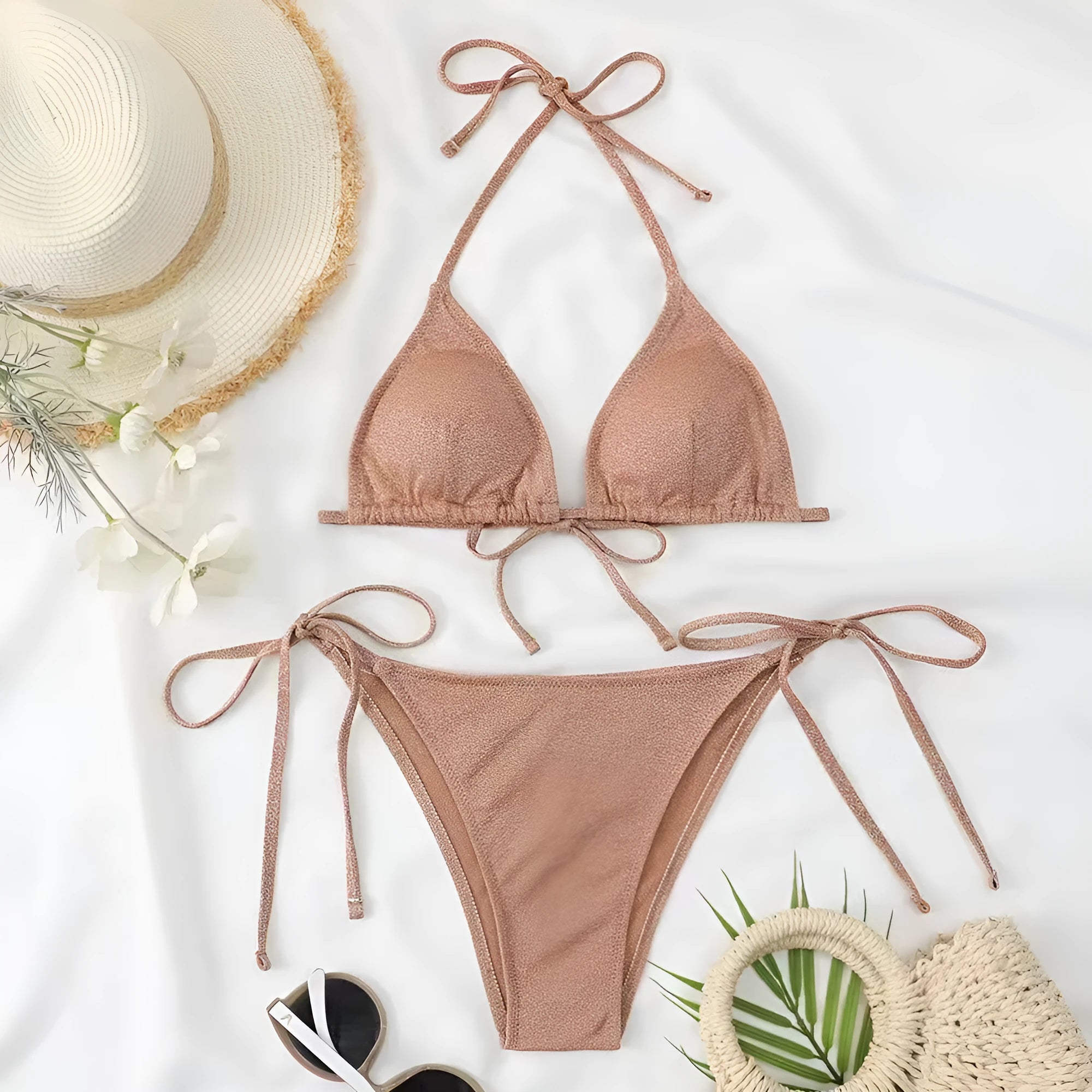 Women's split bandage bikini swimsuit in six colour options with detailed sizing measurements