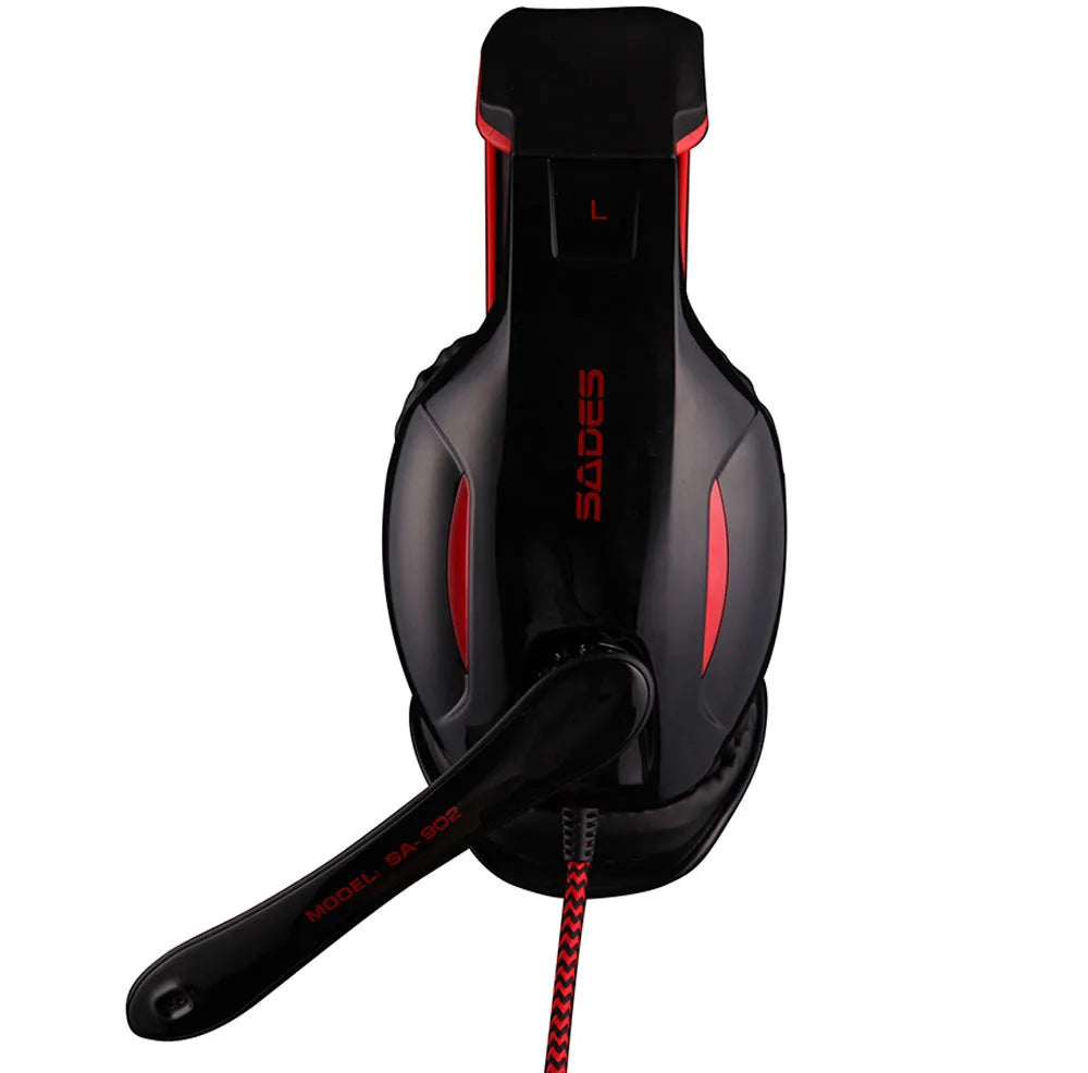 Black SADES SA 902 wired USB gaming headset for PC with over-ear cups, microphone, and adjustable headband.