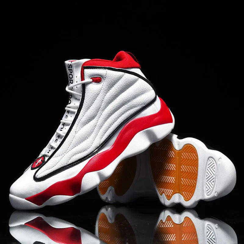 High-top basketball trainers in AJ13 colours with mesh upper and thick rubber sole.