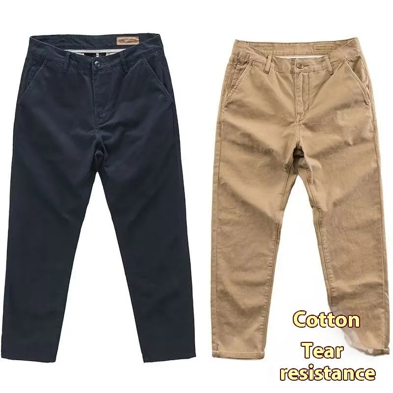 Men's slim washed casual trousers in micro elastic fabric, straight leg cut, shown in black, gray, khaki, navy blue