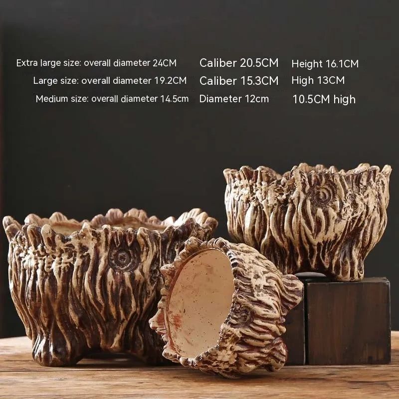 Ceramic flower pot in wood shaped tree root design for succulents, available in extra large size