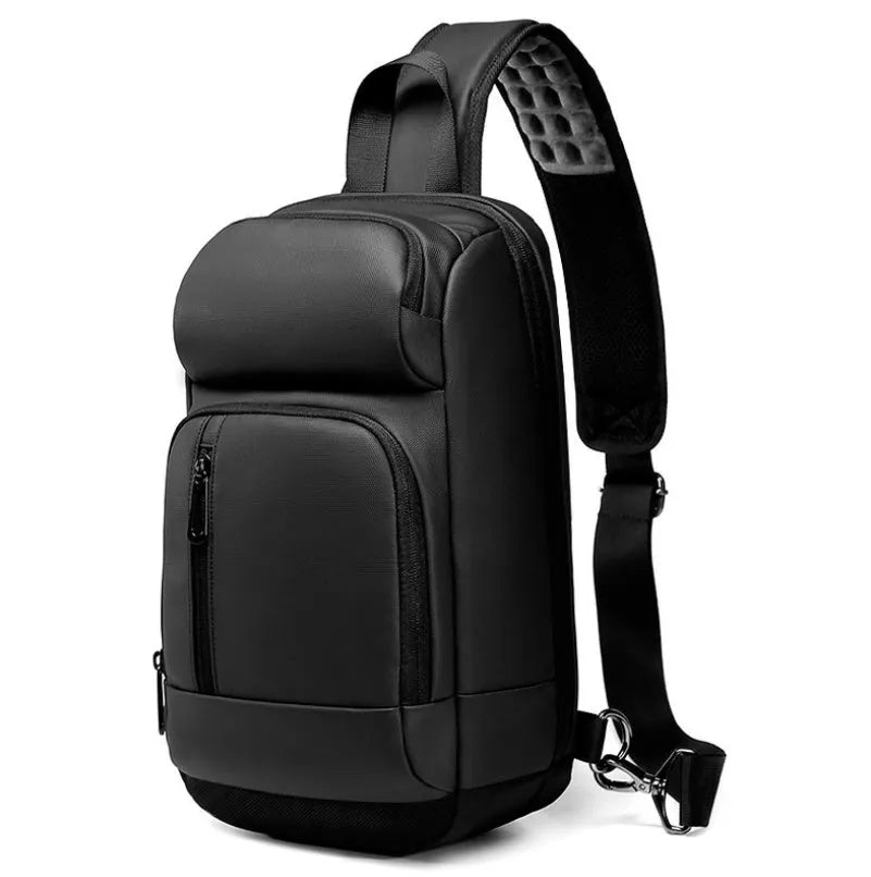 Black PVC outdoor shoulder bag showing internal laptop pocket and air cushion shoulder strap.