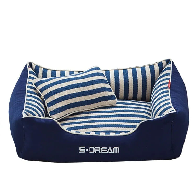 Navy stripe dog kennel mat with matching fabric pillow in blue or red colour options