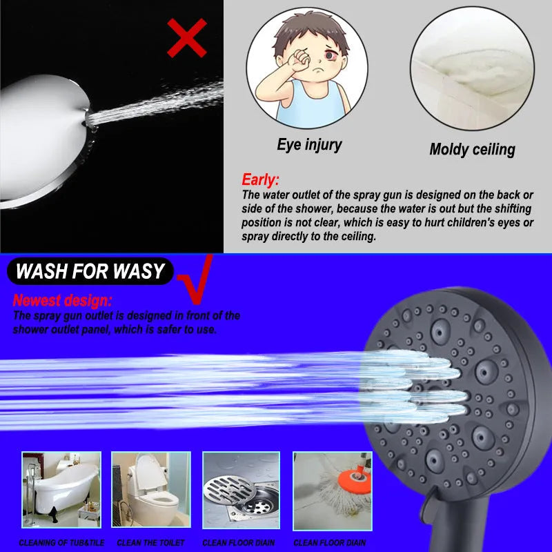 Matte black handheld shower head set with filter, hose, and bracket, 0-100°C, ABS