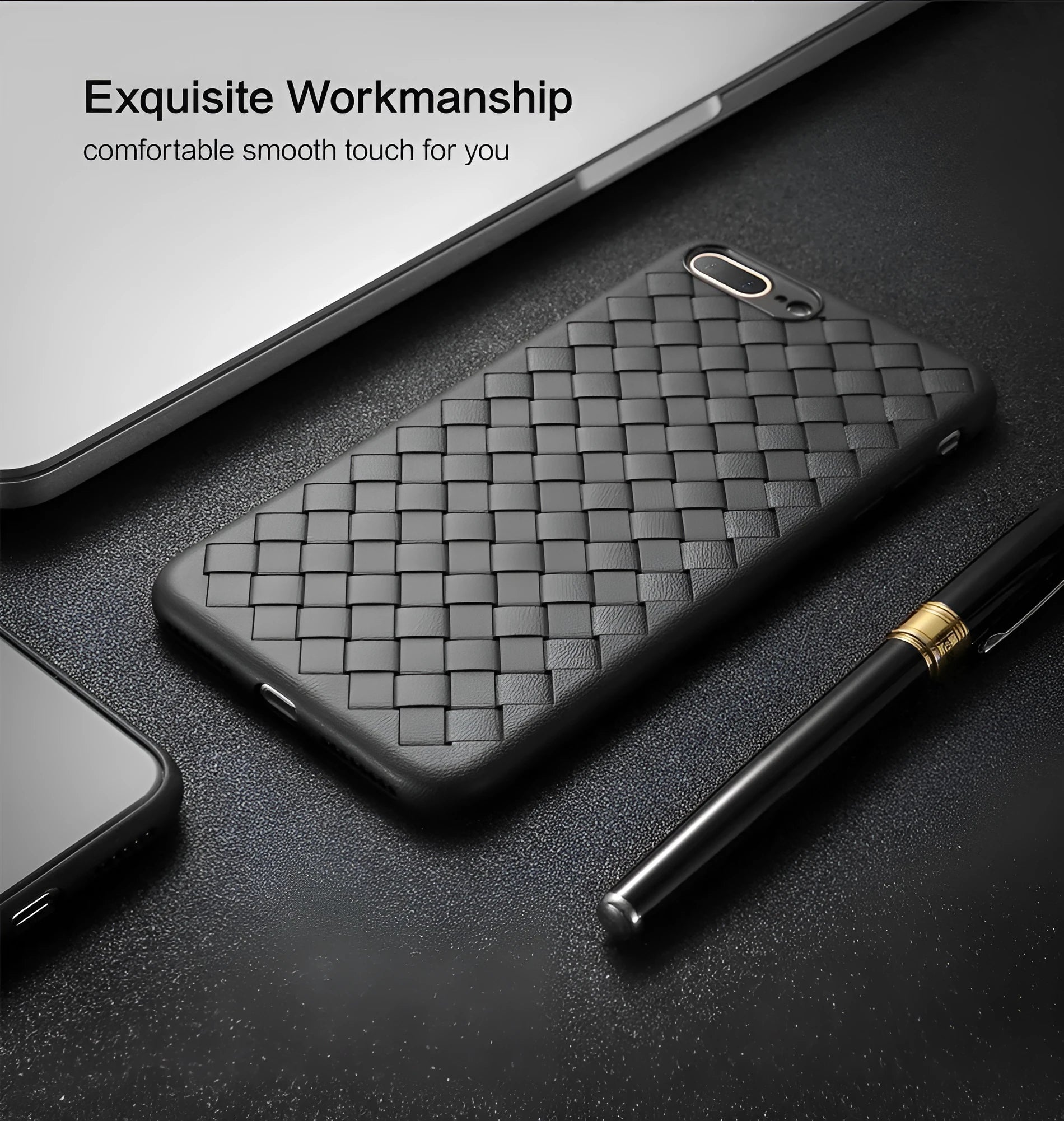 Luxury grid weaving pattern TPU iPhone case in multiple colours, showing raised lips and precise button cutouts.