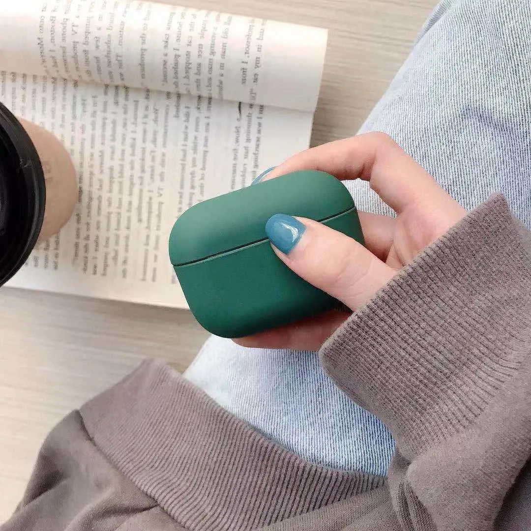 Plastic protective case for AirPods Pro in multiple colour options including light blue and grass green.