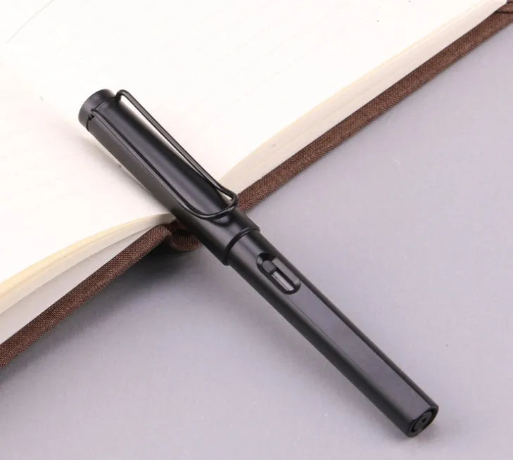 Black and blue high-quality plastic fountain pen with frosted ink bag, showing 0.38mm and 0.5mm nib options.