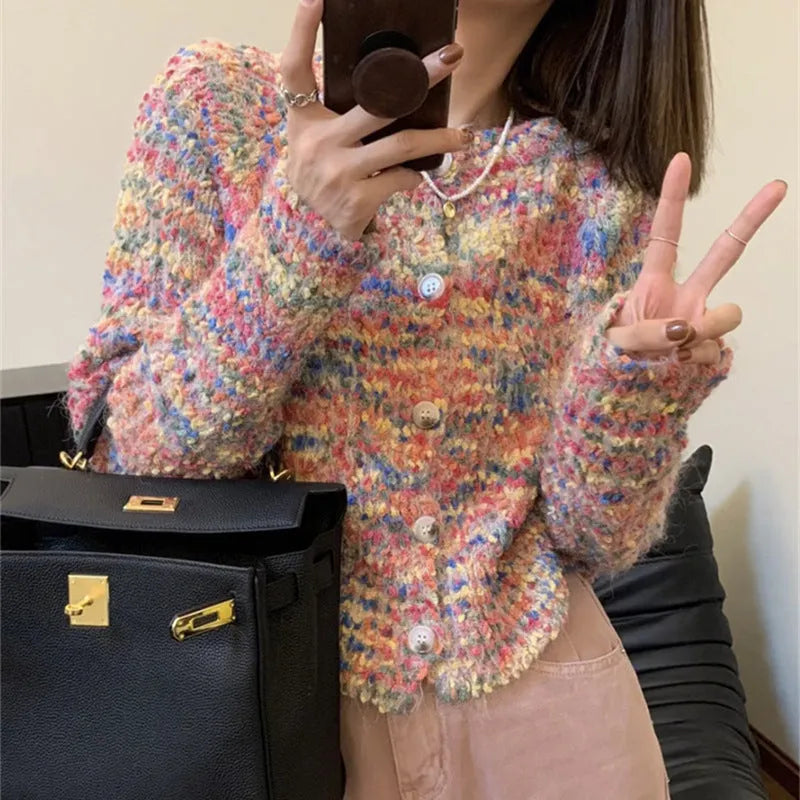 Rainbow patterned knitted cardigan sweater in pink or green colours with slim fit