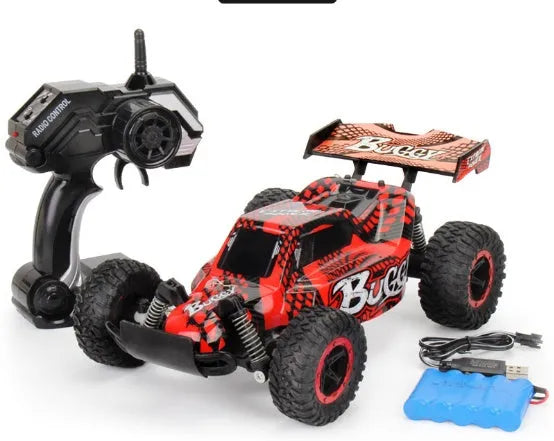 Blue 1:18 scale remote control drift car with 2.4GHz transmitter on a hard surface