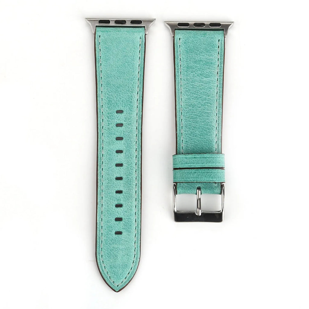 Leather watch strap with folding buckle shown in multiple colour options.