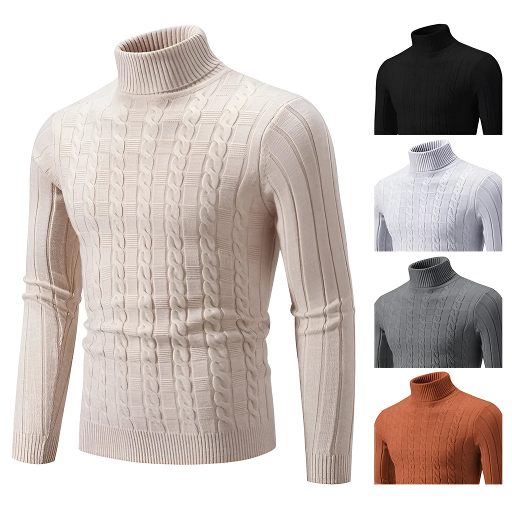 Man wearing a milky white slim fit chenille turtleneck pullover sweater.