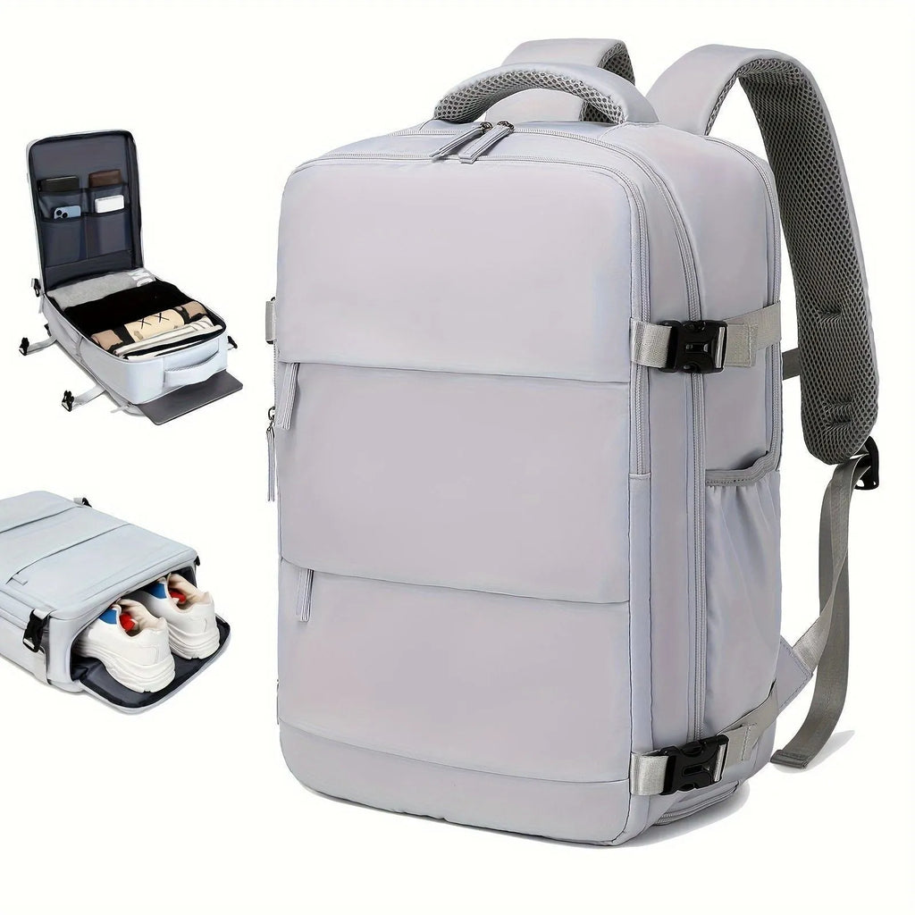 Large black nylon luggage backpack for men with multiple compartments, shown from a side angle.