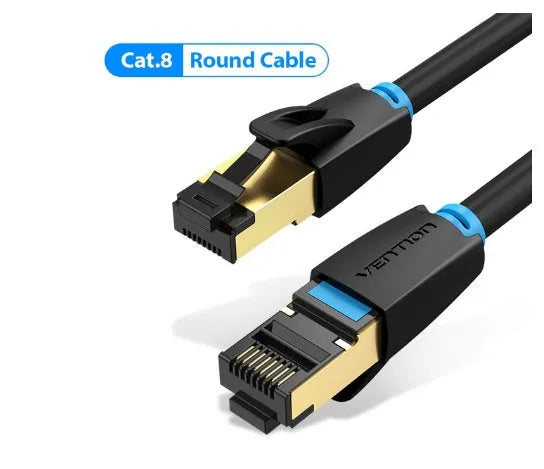 CAT8 10G Ethernet cable flat and round versions with RJ45 connectors in various lengths