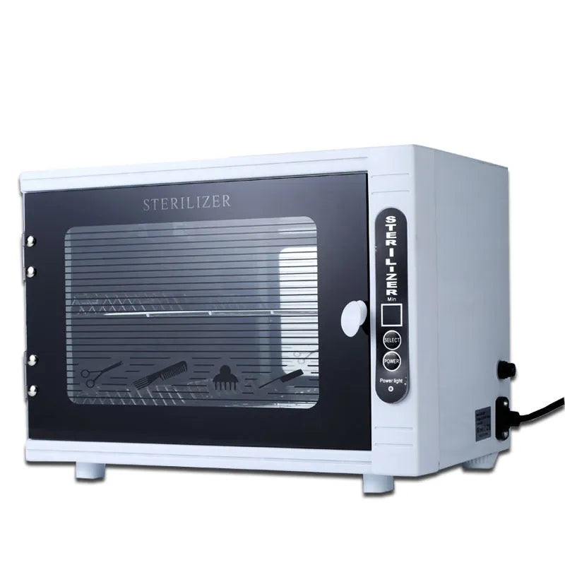 Silver mini UV steriliser cabinet with stainless steel liner for salon tool disinfection.