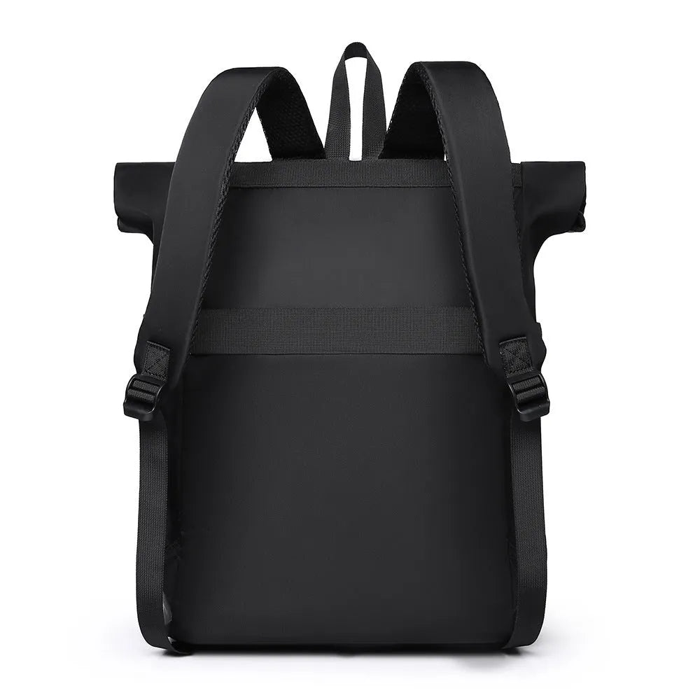 Oxford cloth casual backpack with airpillow straps, 20-35L capacity, in black solid colour with sewing line detail