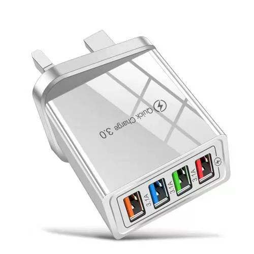 Black and white multi-port USB wall charger with luminous light indicator and UK three-pin plug