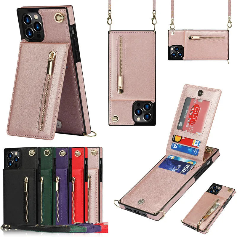 Crossbody phone case with zipper wallet and chain for iPhone 15, TPU leather in black