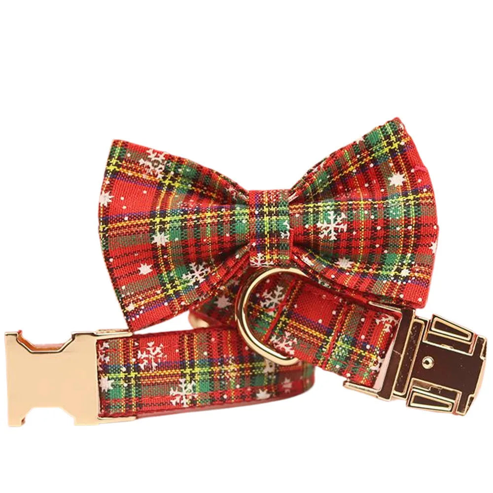 Red snowflake Christmas pet collar with plaid leash, bow, and vest four-piece holiday outfit set for dogs