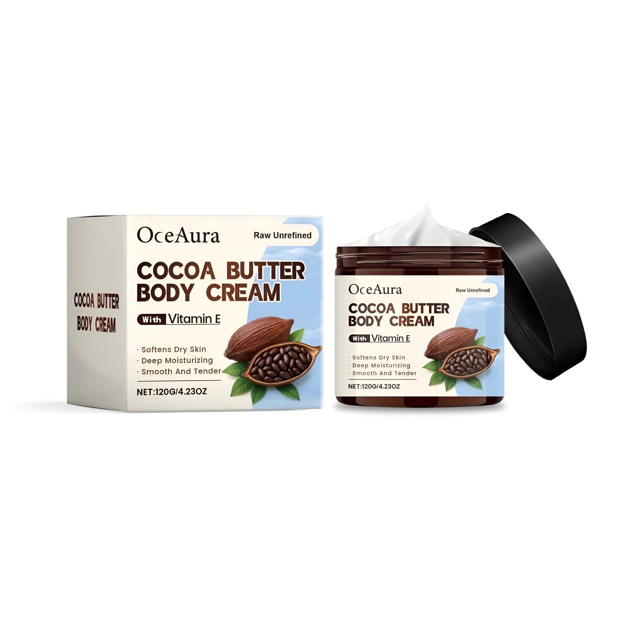 Cocoa butter body cream in 120g container with coconut oil and Vitamin E for skin hydration