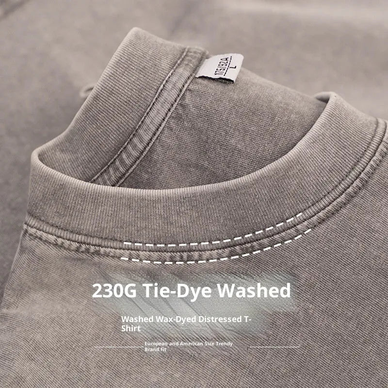 230g American style loose distressed retro washed men's solid colour short sleeve pure cotton t-shirt in blue