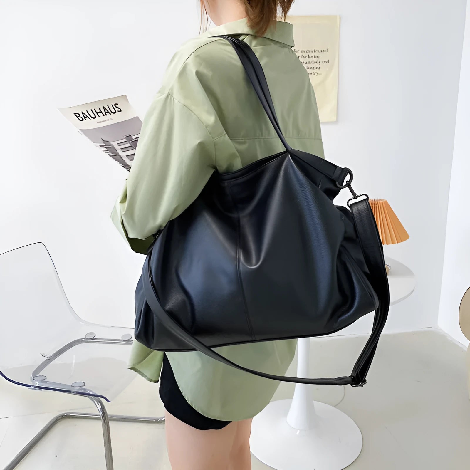 Large soft surface PU tote messenger bag in horizontal square shape with shoulder strap and zipper opening
