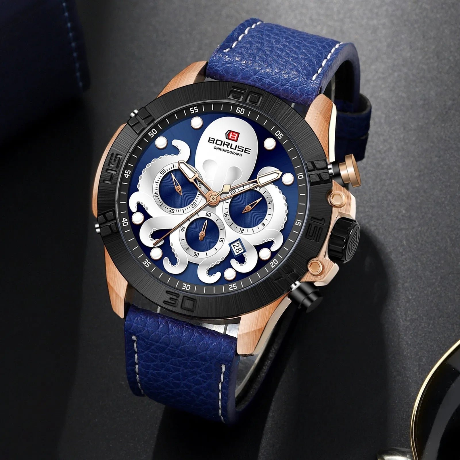 Men's octopus waterproof quartz watch with luminous display in black or blue colour options
