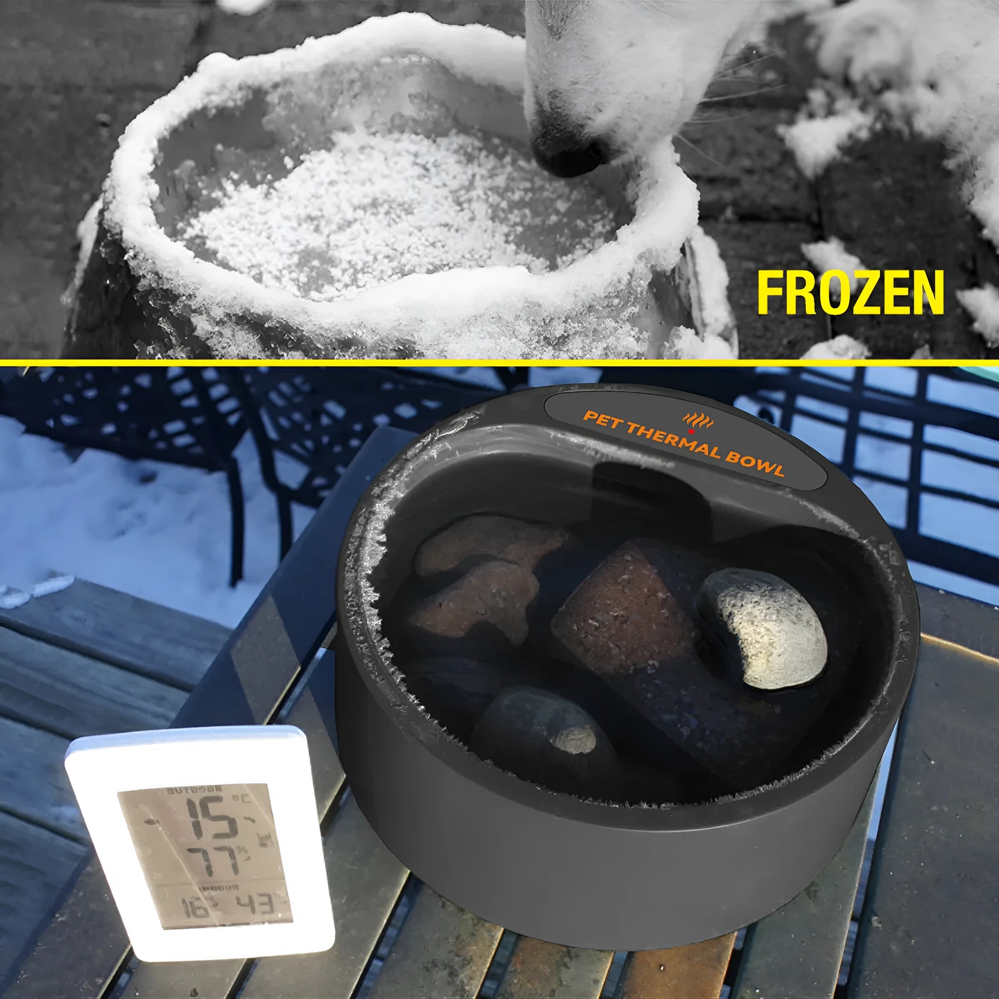 Black ABS plastic pet heating bowl for cats and dogs with constant temperature feature.