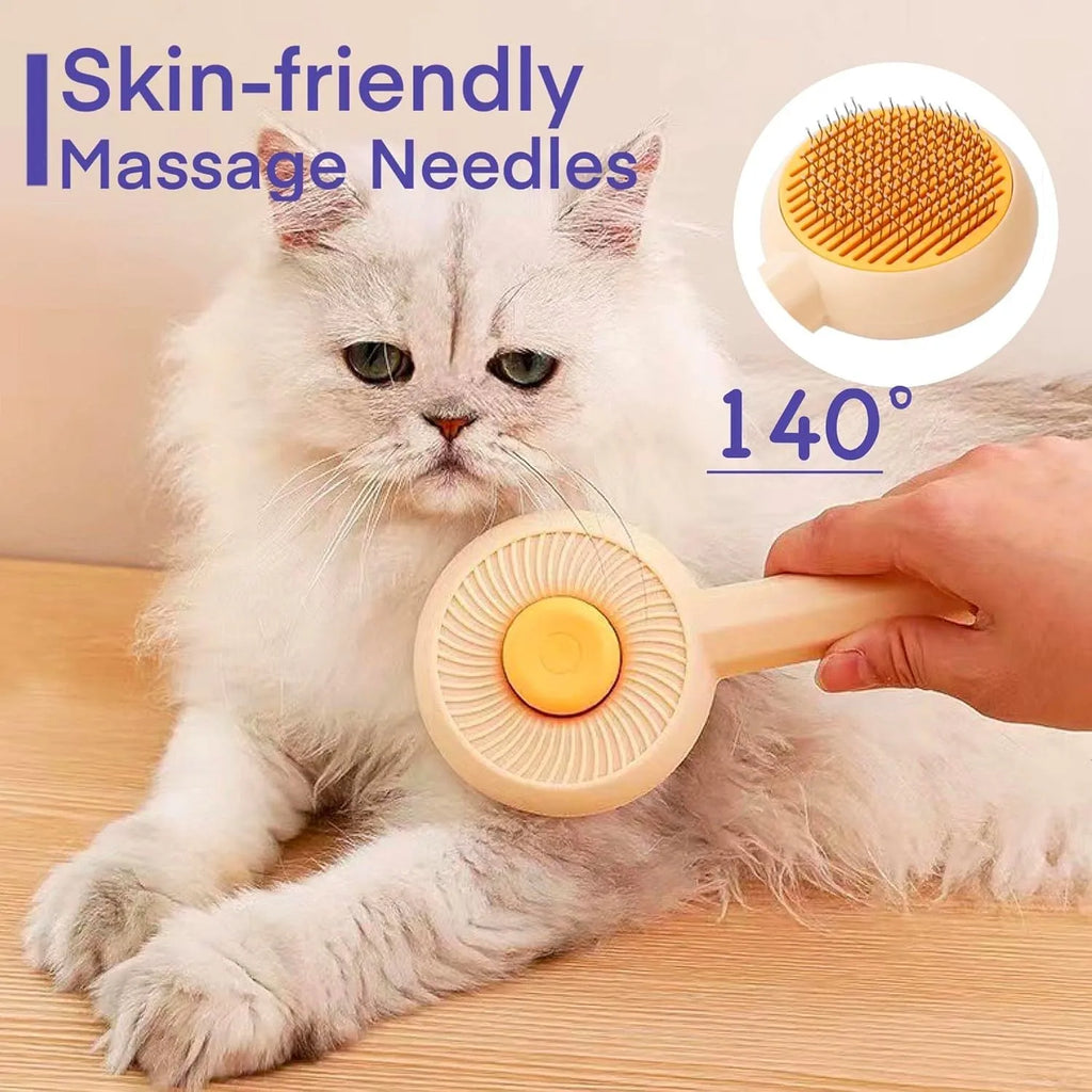 Blue pet grooming brush with angled metal needles and self-cleaning button