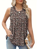 Plus size woman wearing a black floral print sleeveless vest, loose fit.