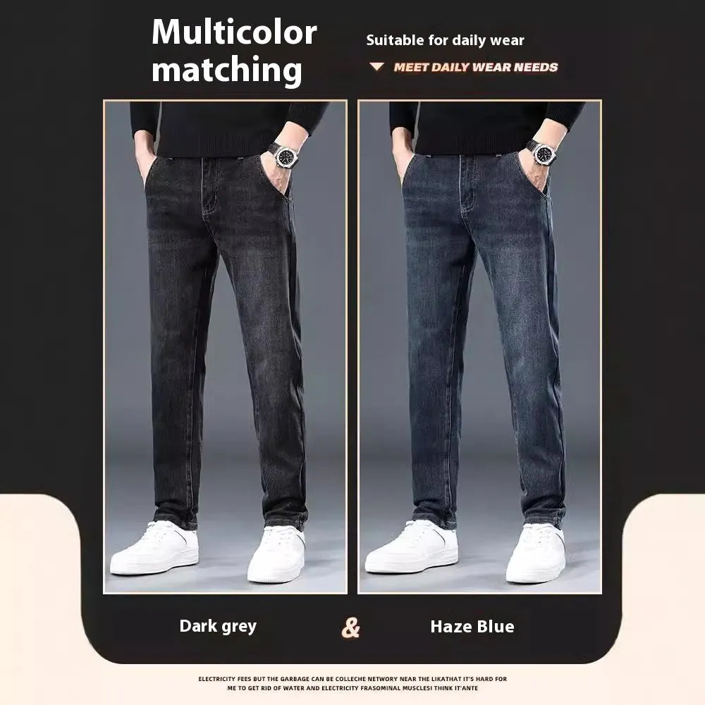 Man wearing slim straight blue-grey casual trousers with a micro-elastic waist for street fashion summer wear.
