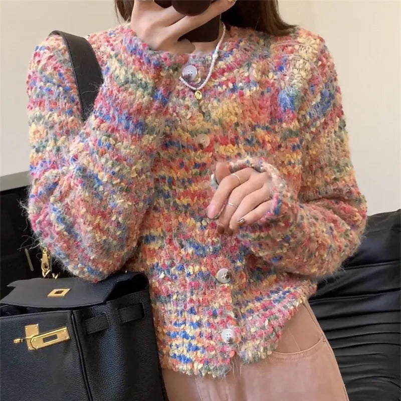 Rainbow patterned knitted cardigan sweater in pink or green colours with slim fit