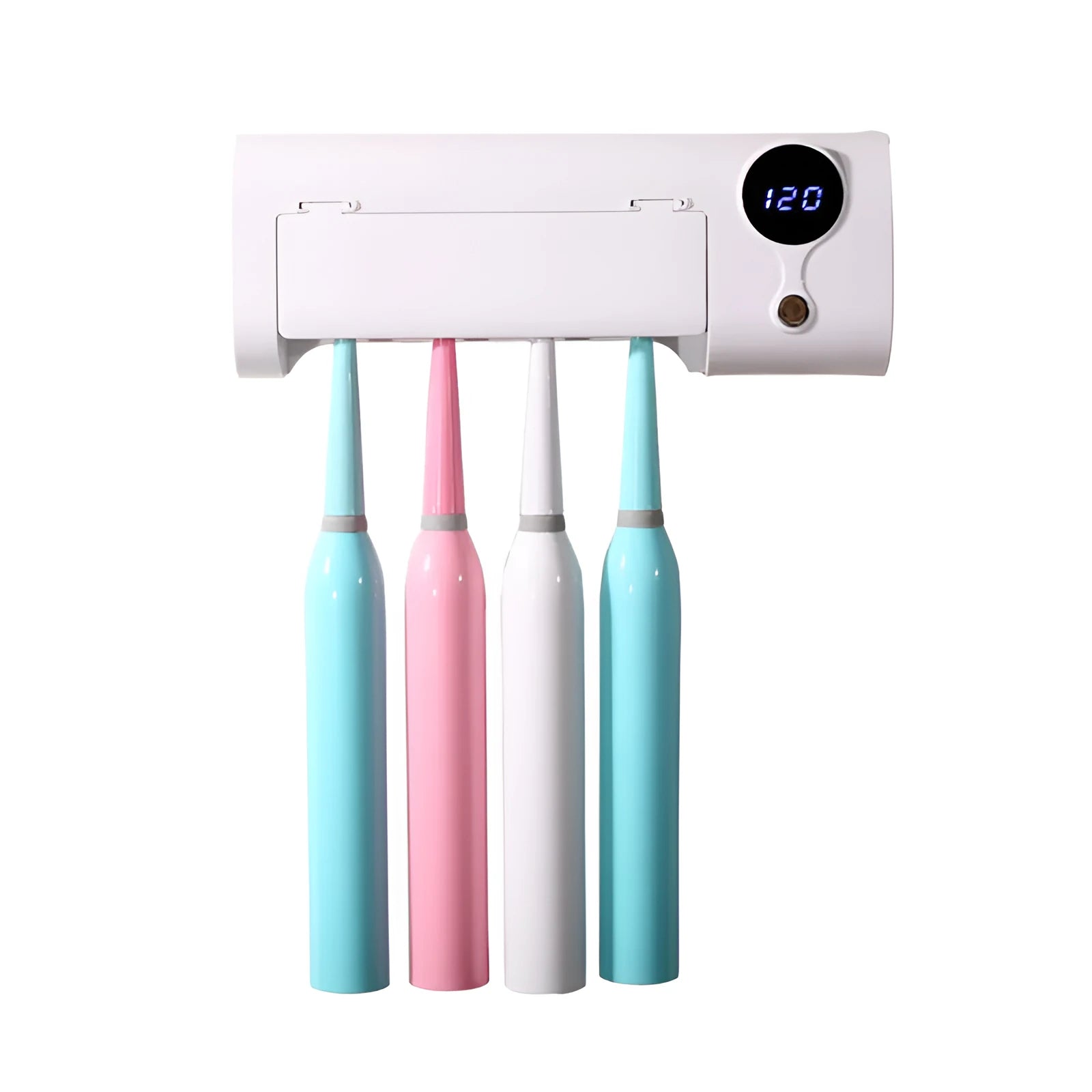 White wall-mounted smart toothbrush steriliser with USB port and button control
