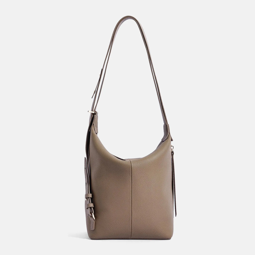 Women's soft genuine leather bucket shoulder bag in elephant grey colour showing casual style and large capacity