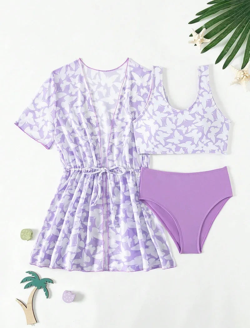 Girls' three-piece polyester swimsuit set in colour 3218, sizes 8Y-12Y.