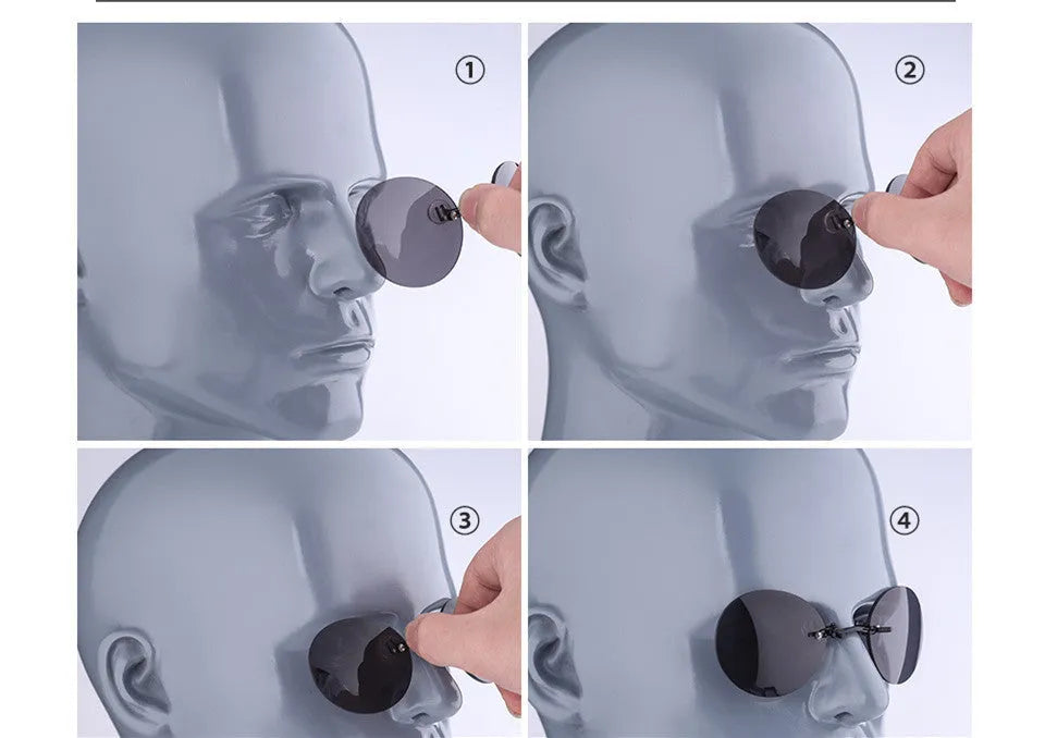Frameless clip-nose round sunglasses in retro style with metal frame on a person