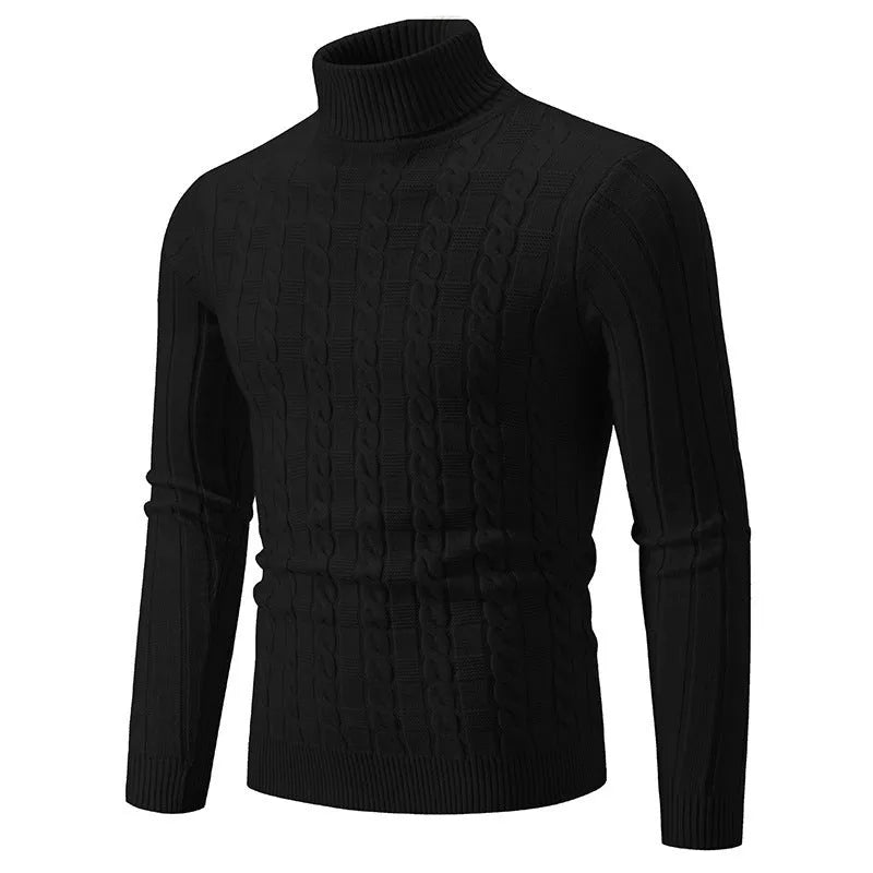 Man wearing a milky white slim fit chenille turtleneck pullover sweater.