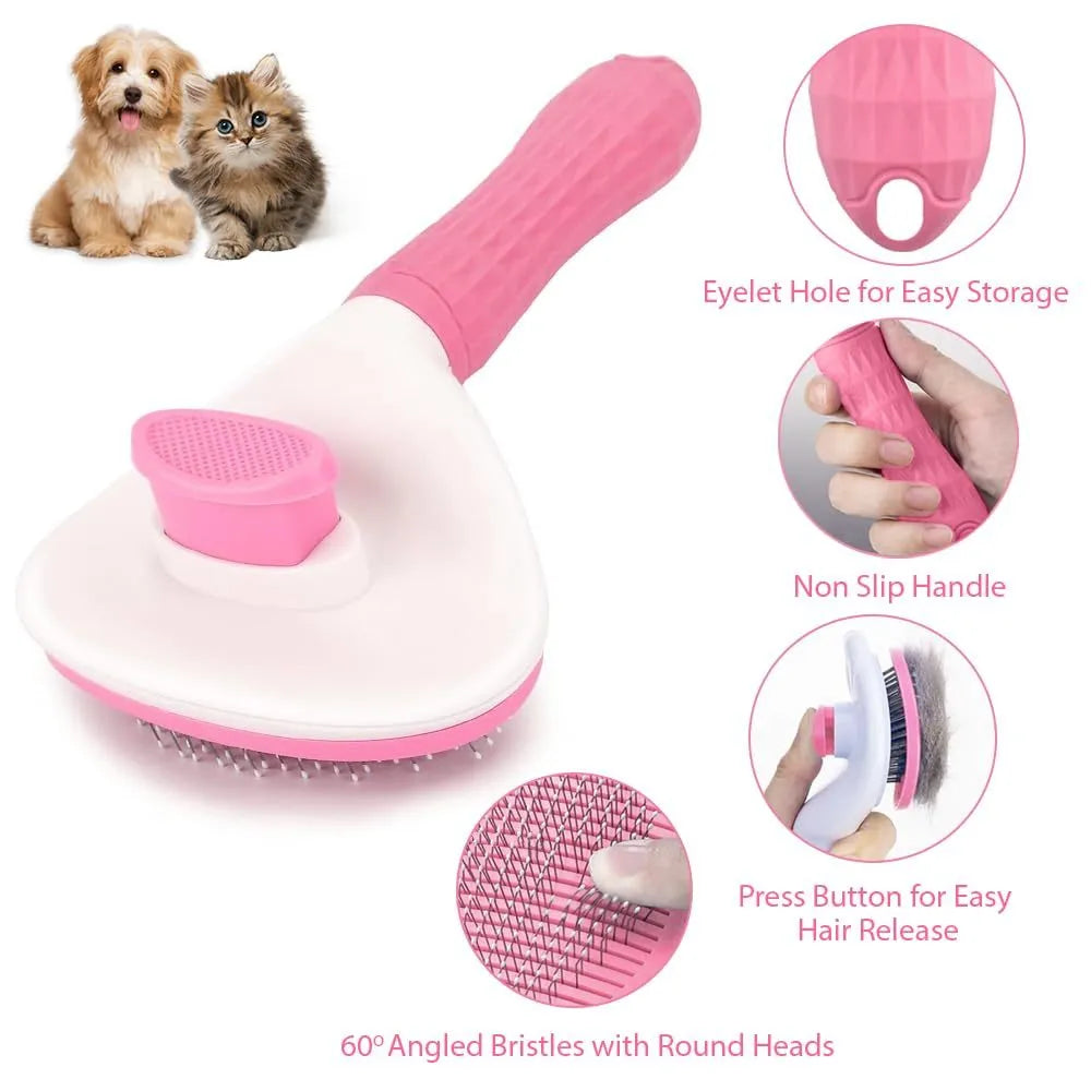 Blue cat grooming brush with a release button and fine wire bristles for removing loose hair.