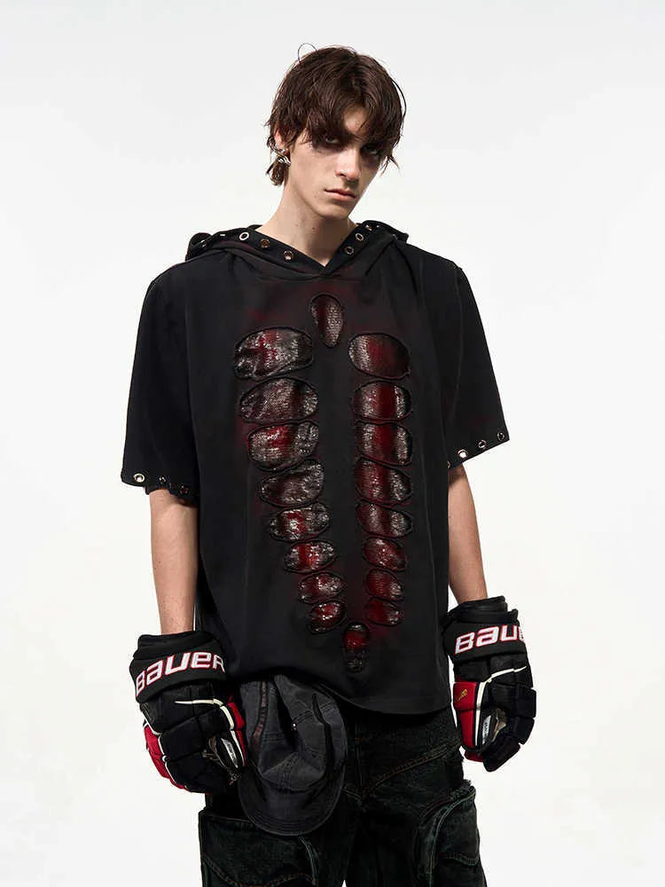 Black men's hooded short-sleeved T-shirt covered in sequins with a loose fit.