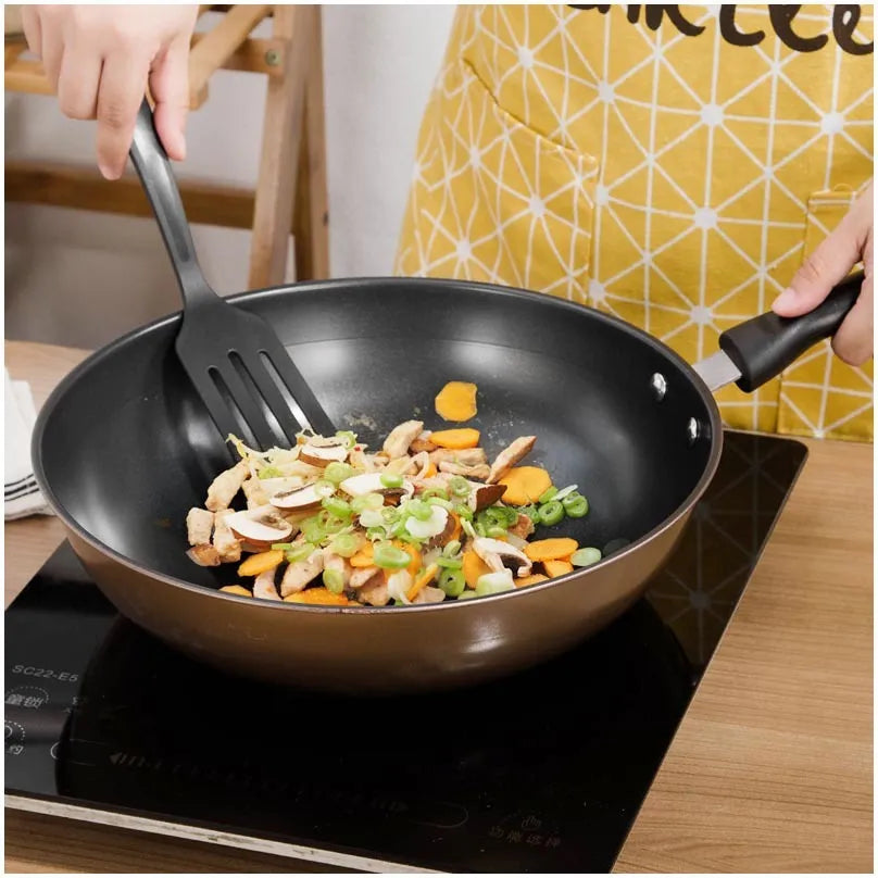 Three-piece cast iron cookware set with soup pot, milk pot and wok featuring non-stick coating