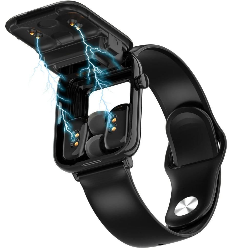 Black all-touch smartwatch with 1.69-inch screen and integrated Bluetooth earbuds on a wrist.