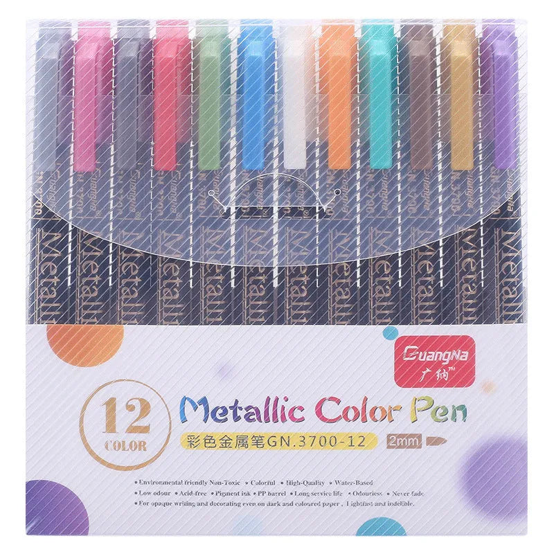 Black card album containing a set of colour metal pens with plastic shells for office stationery.