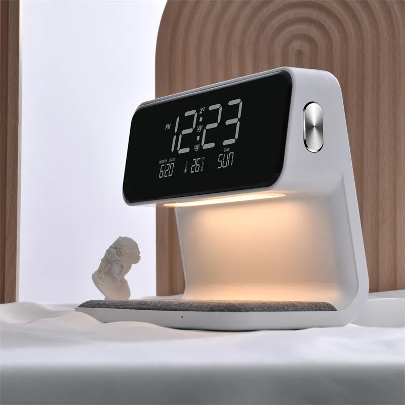 White 3-in-1 bedside lamp with wireless charging pad, LCD clock screen, and touch dimming controls
